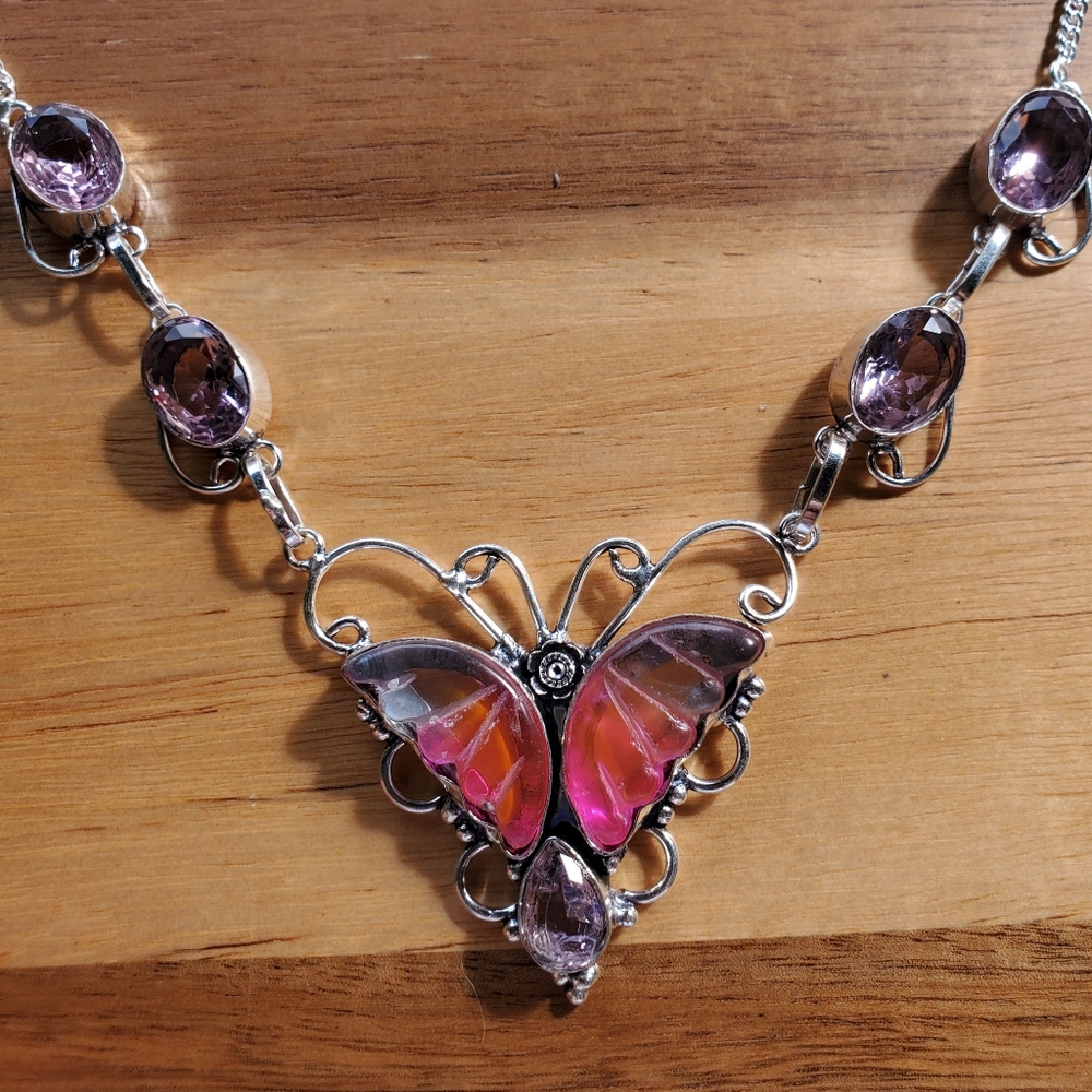 New Carved Bi-Color Tourmaline Butterfly & Kunzite 925 Silver Necklace.